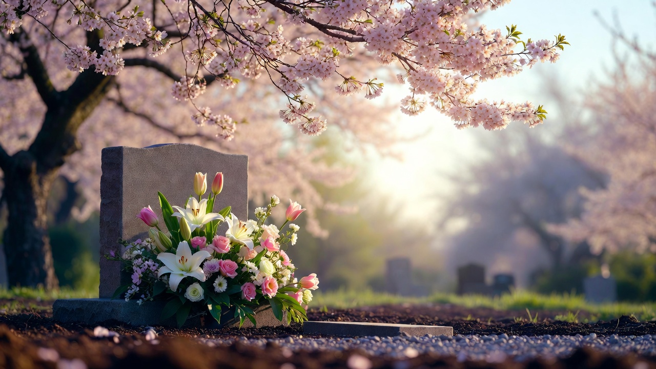 Spring arrangement with lilies and tulips at a gravesite