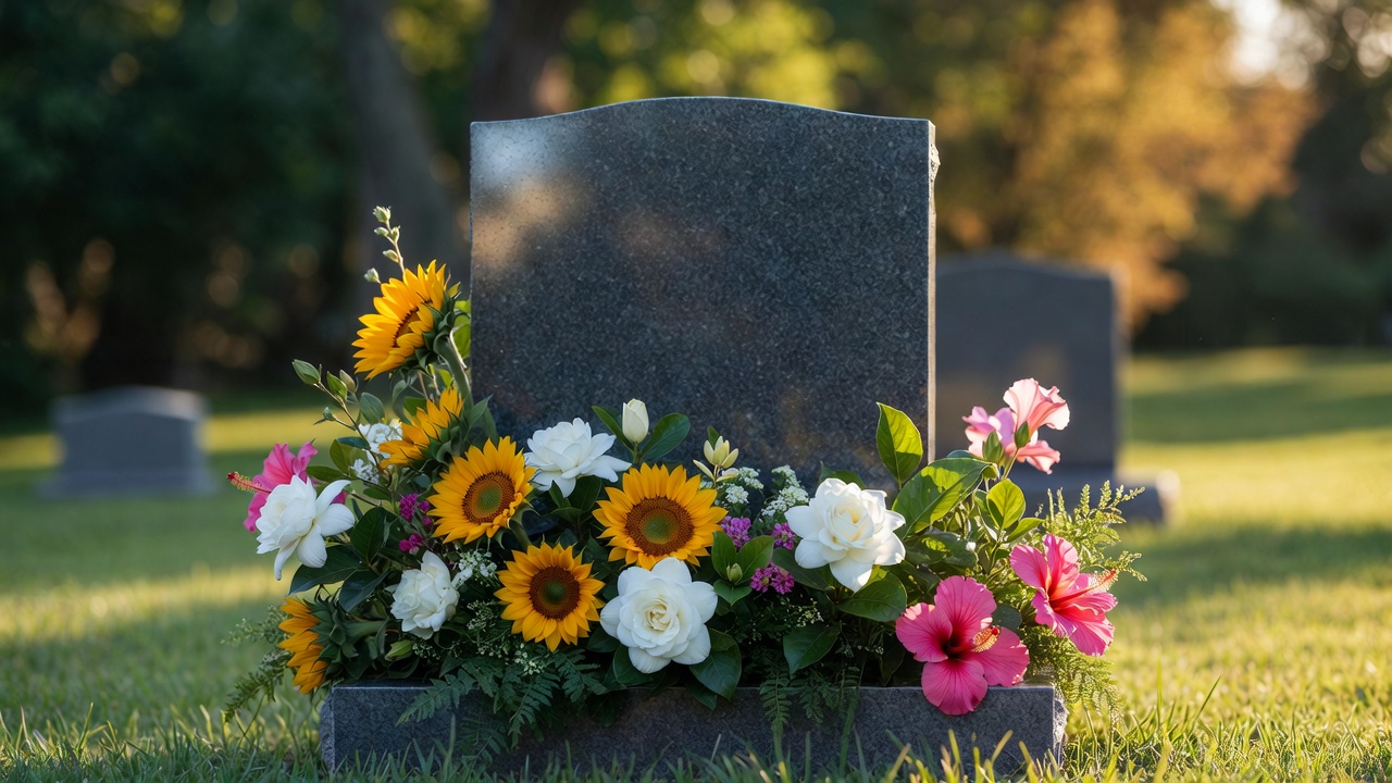 Summer arrangement with sunflowers and greenery at a gravesite