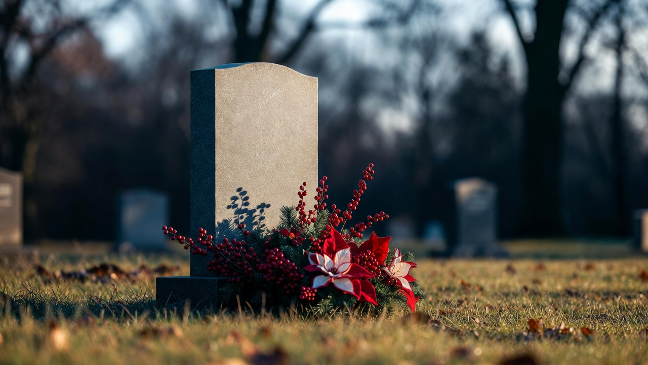 Winter arrangement with evergreen and holly at a gravesite
